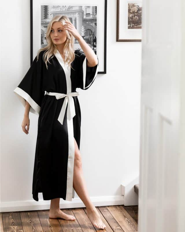 Black Silk Satin Kimono Robe Dressing Gown White Pretty Bridal Bridesmaid Wedding Designer Melbourne Photo45